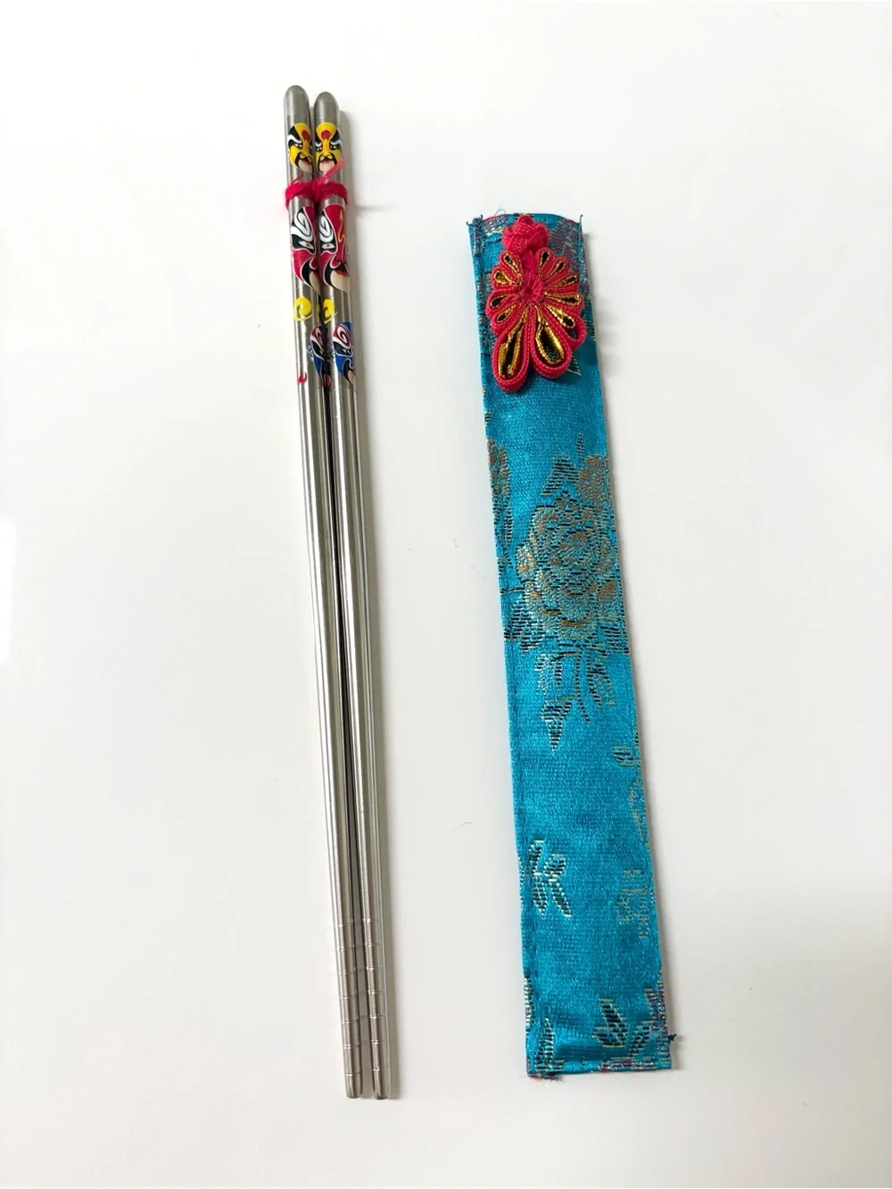 Reusable Beijing Opera Mask Stainless Steel Chopsticks & Brocade Travel Pouch